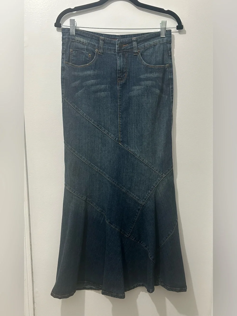 Vintage Y2K Hot Kiss Denim Maxi Jean Skirt Low Rise Mermaid Patchwork Stretch